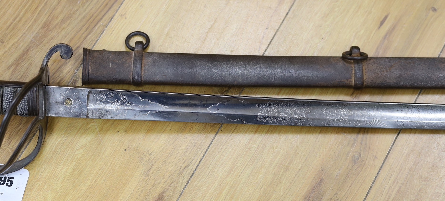 A Victorian 1821 pattern Hawkes & Co sword and scabbard, 104cm total length